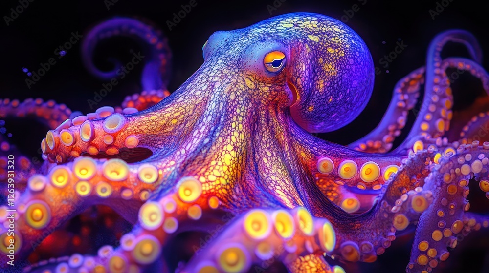 Vibrant octopus, ocean depths, glowing, digital art, marine life, poster Vibrant octopus, ocean depths, glowing, digital art, marine life, poster