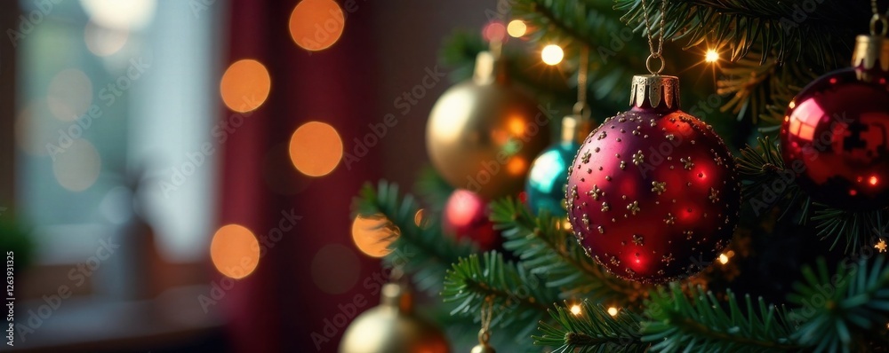Sparkling Christmas tree with colorful baubles and blurred shiny lights in a cozy room, sparkling ornaments, festive ambiance Sparkling Christmas tree with colorful baubles and blurred shiny lights in a cozy room, sparkling ornaments, festive ambiance