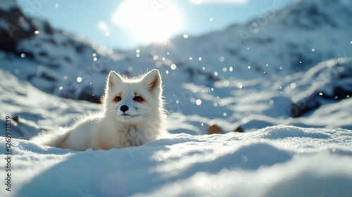 Arctic fox in snowy mountains, winter sun