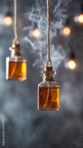 Aromatic oils hanging, smoky background, lights