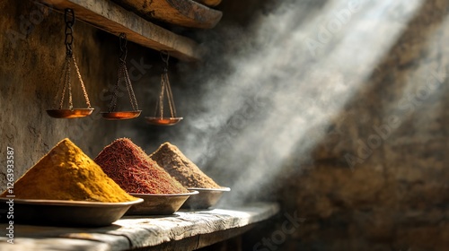 Aromatic spices in market stall, sunlit. Food photography for recipes