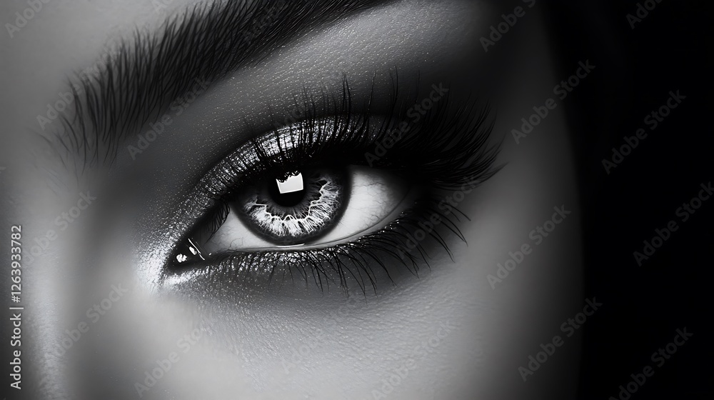 Monochrome gaze, A striking close-up of a captivating woman's eye Monochrome gaze, A striking close-up of a captivating woman's eye
