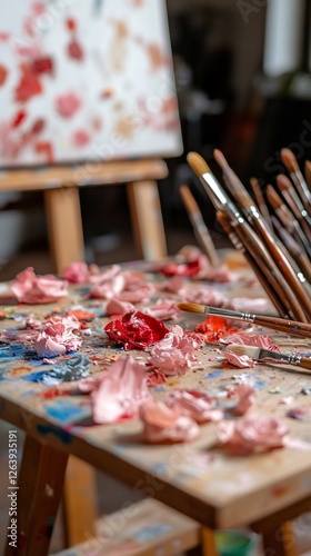 Artist's messy palette, paintbrushes, studio.  Creative process