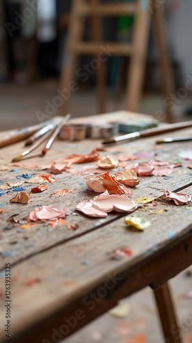Artist's palette, paint, brushes, studio