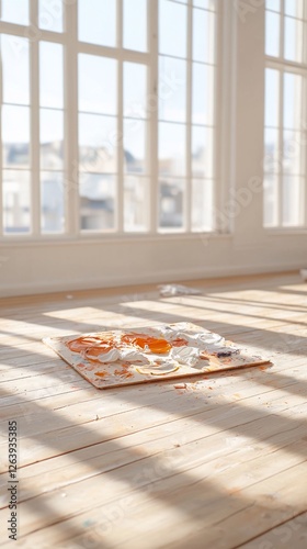 Artist's palette, paint, sunlight, studio, creative process