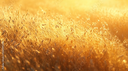 Golden Wheat Field at Sunrise with Gentle Sunlight and Dew