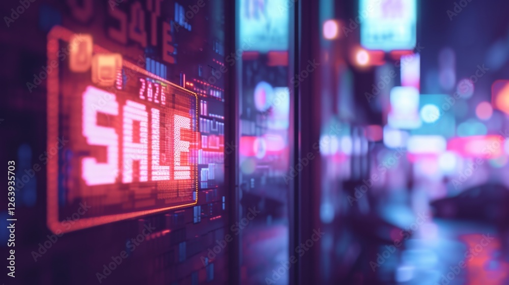 A sleek urban storefront illuminated by glowing neon sale signage, with vibrant city lights creating a futuristic and retail-focused atmosphere. AI generated. A sleek urban storefront illuminated by glowing neon sale signage, with vibrant city lights creating a futuristic and retail-focused atmosphere. AI generated.