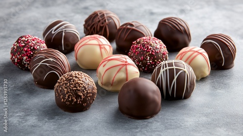 Assorted chocolate truffles on grey background (1)