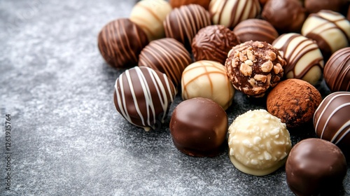 Assorted chocolate truffles on grey background