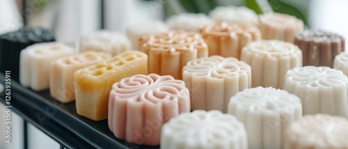 Assorted mooncakes displayed, bakery setting,  festive treat