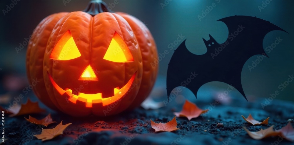 Naklejka premium Spooky bat silhouette against a jack-o-lantern, , silhouette, spooky