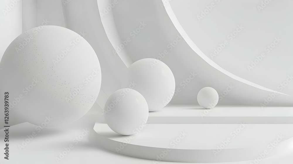 Abstract composition of white spheres on a minimalistic background with flowing curves Abstract composition of white spheres on a minimalistic background with flowing curves