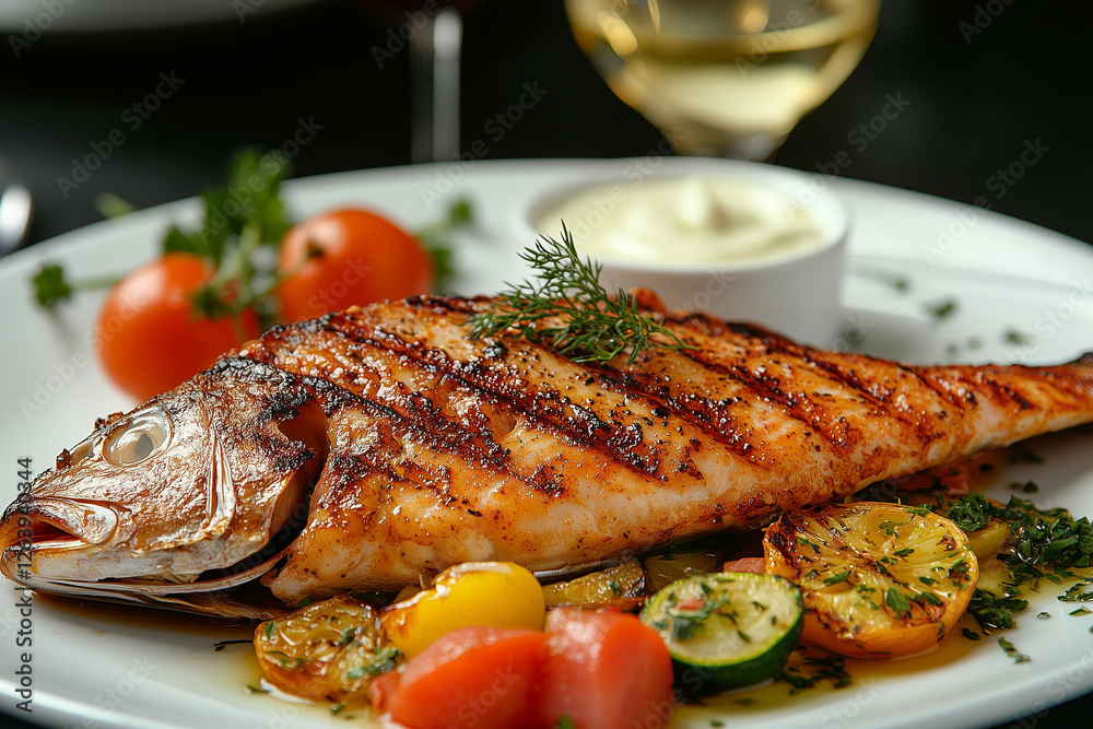grilled fish with vegetables and a glass of white wine. roasted sea fish on the plate. restaurant meal. grilled fish with vegetables and a glass of white wine. roasted sea fish on the plate. restaurant meal.