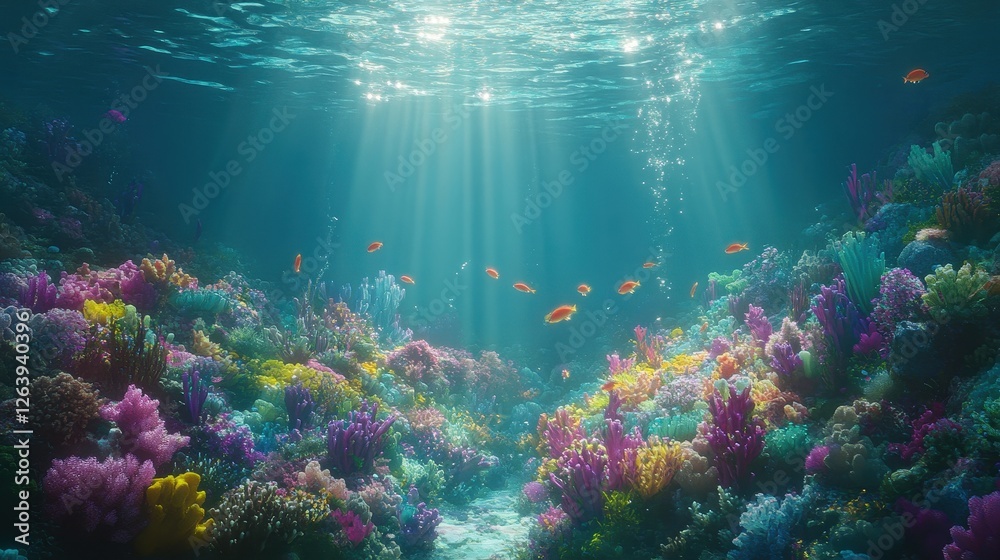 Fototapeta premium Vibrant Coral Reef with Sunlight and Colorful Marine Life Underwater