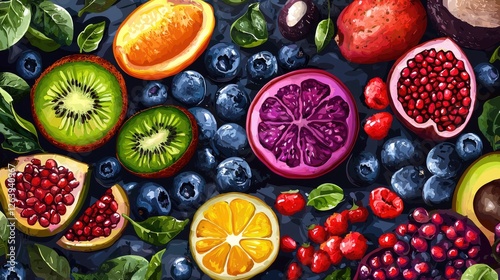 Vibrant assortment of fresh fruits and berries arranged artistically on a dark background