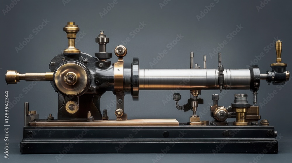 Fototapeta premium A close-up of a metal lathe machine operating on a deep gray background