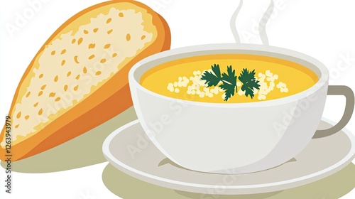 A steaming bowl of creamy soup garnished with cilantro served alongside a crusty bread roll