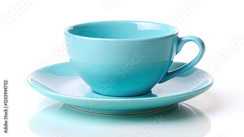 Blue Empty Cup and Saucer, Minimalist White Background, Still Life Photography, Ceramic Teacup, Porcelain Cup,  Empty Coffee Cup, Studio Shot photo