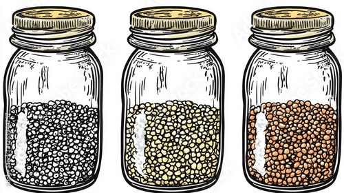 Three jars filled with different types of seeds displayed on a clean surface, showcasing variety