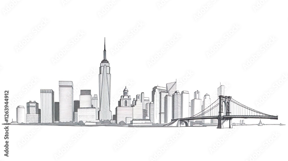 Obraz premium Design a stunning panoramic view of Manhattan's iconic skyline set against a crisp white background.