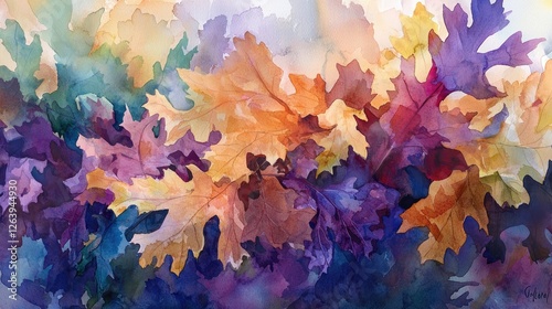 Vibrant watercolor depiction of autumn leaves in rich hues of orange, purple, and green