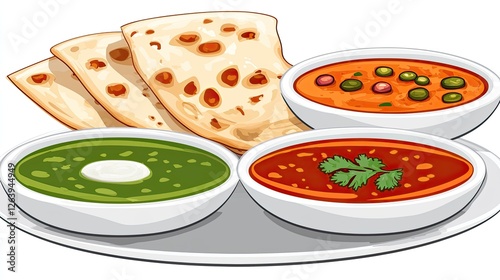 A vibrant platter featuring assorted Indian curries and flatbreads served on a silver tray