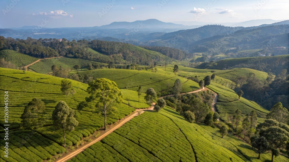 Fototapeta premium Breathtaking View of Magwa Tea Plantation in South Africa: Lush Green Hills, Rolling Landscapes, and Vibrant Tea Fields Under a Clear Blue Sky