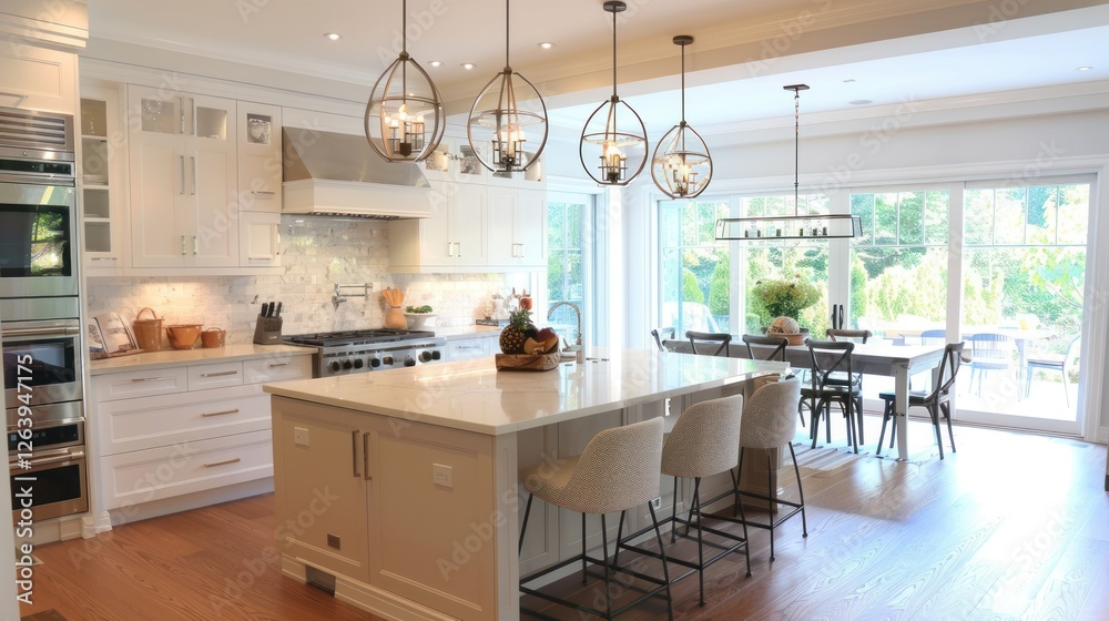 Luxurious open-concept kitchen with island, pendant lights, and patio views Luxurious open-concept kitchen with island, pendant lights, and patio views