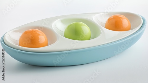 Three colorful spherical desserts arranged in a modern serving dish on a minimalist background