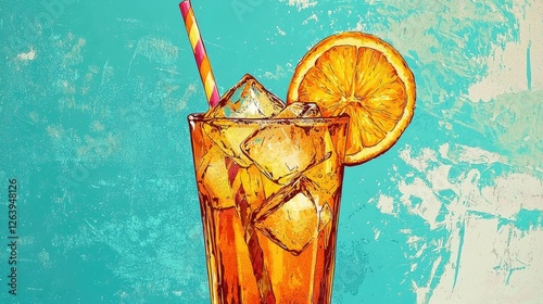 Refreshing iced beverage with orange slice and straw against a textured turquoise background