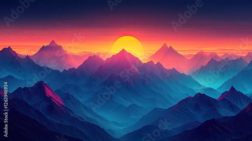 Majestic sunrise over vibrant mountain range with colorful skies and serene atmosphere