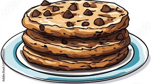 Delicious stack of chocolate chip pancakes on a blue plate, served in a cozy kitchen setting