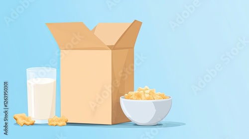A cozy breakfast scene featuring an open box of cereal, a bowl of cereal, and a glass of milk against a soft blue background