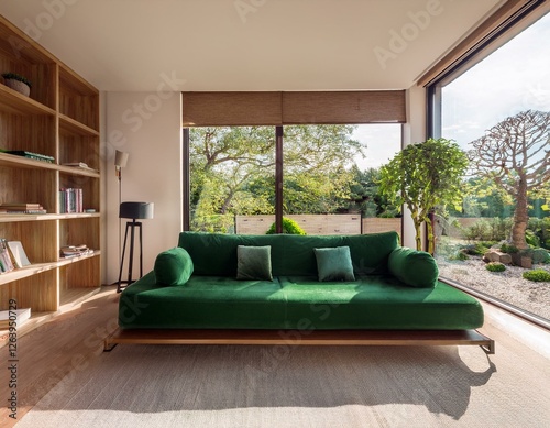 salon avec grand canapé vert, moderne et cosy, lieu de détente dans la maison en ia et grand baie vitrée