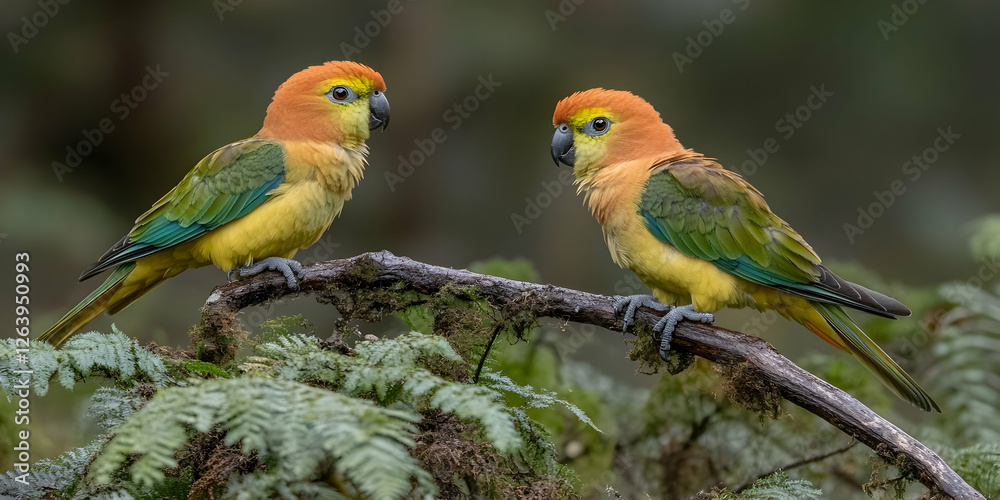 Two Colorful Parrots Perched on a Branch Surrounded by Lush Green Foliage in Nature Two Colorful Parrots Perched on a Branch Surrounded by Lush Green Foliage in Nature