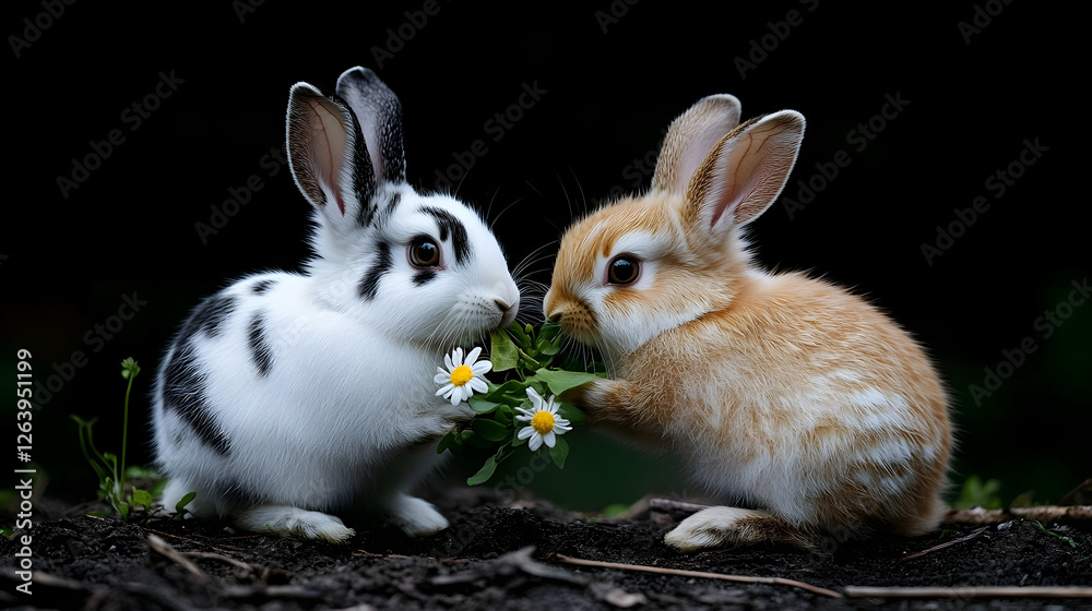 Cute rabbits sharing daisies in a charming and heartwarming natural setting with dark background Cute rabbits sharing daisies in a charming and heartwarming natural setting with dark background