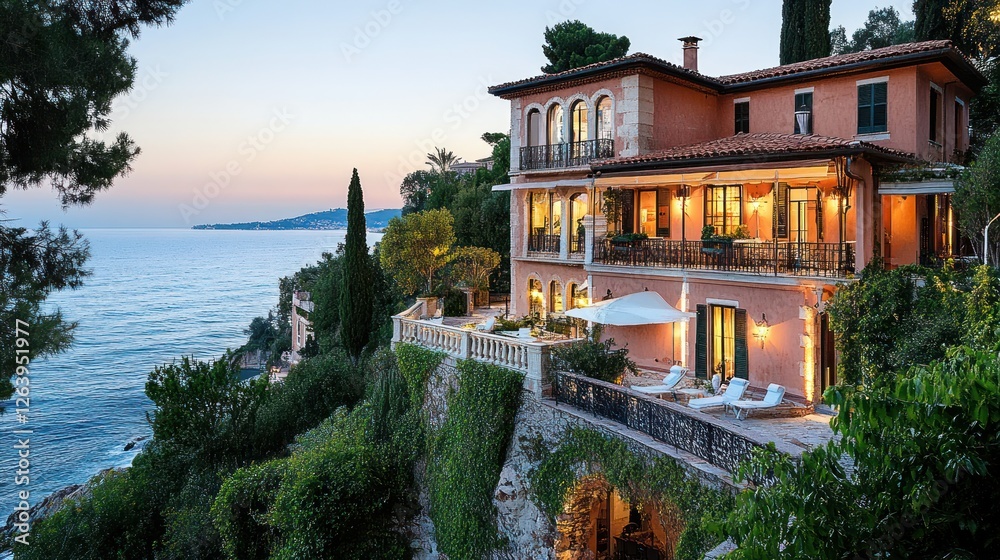 Obraz premium Mediterranean Villa at Dusk: Breathtaking Coastal Estate