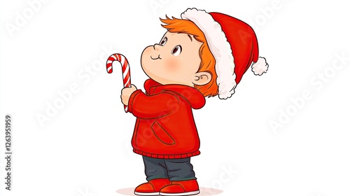 Cheerful child in a red Christmas sweater holding a candy cane, celebrating the festive season