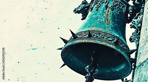 Ancient bell ringing in celebration, city background, possible use for historical events