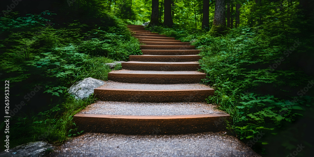 Serene Forest Pathway with Wooden Steps Leading Through Lush Greenery and Trees in Tranquil Setting Serene Forest Pathway with Wooden Steps Leading Through Lush Greenery and Trees in Tranquil Setting