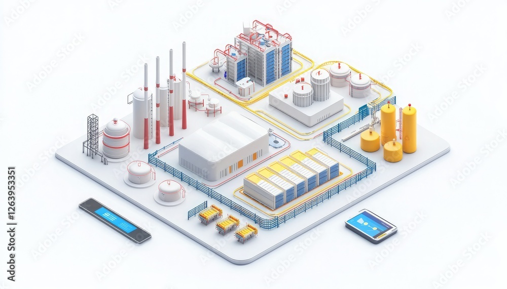 Fototapeta premium A modern industrial facility featuring storage tanks, processing units, and a control panel, showcasing an advanced manufacturing setup.