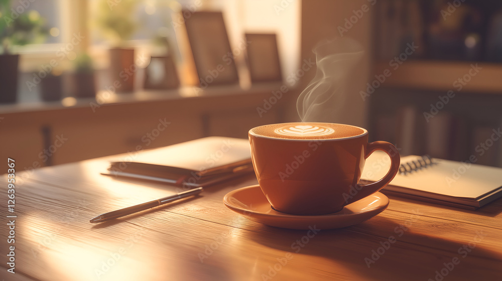 coffee on a wooden table, with soft natural lighting coffee on a wooden table, with soft natural lighting