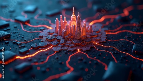 digital art piece appears rendering futuristic city city multiple tall buildings intricate details patterns buildings arranged circular pattern tallest building center smaller ones either side photo