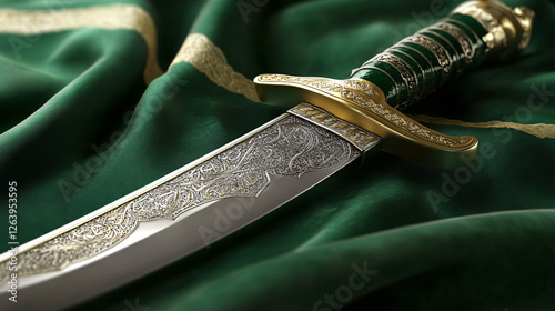 Saudi Khanjar: Traditional Dagger in Flag Sheath on Green - Founding Day Elegance in Ultra Realism photo