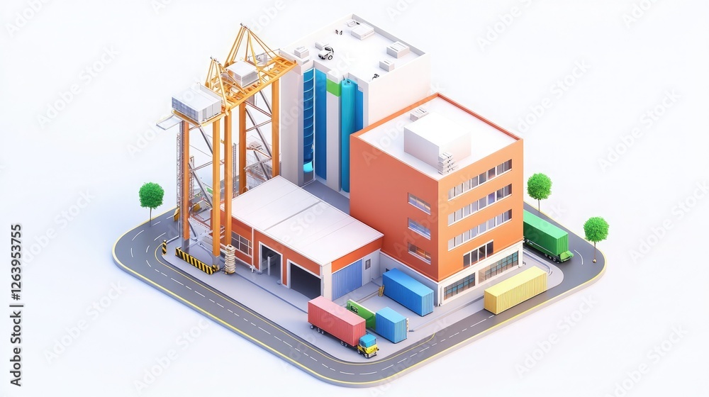 Fototapeta premium A colorful, isometric illustration of a construction site featuring a building, crane, trucks, and storage tanks, surrounded by green trees.