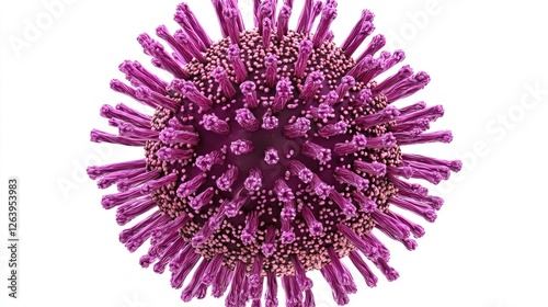 Close-up view of a purple virus structure showcasing spikes and surface details, isolated