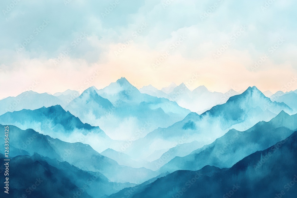 Serene mountainous landscape in soft blue tones capturing the beauty of nature during dawn hours. Generative AI