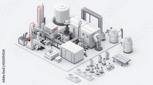 A detailed industrial setup featuring interconnected machinery and storage units designed for processing and production.