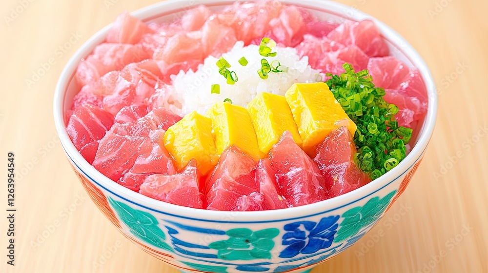 Vibrant bowl of sashimi featuring fresh fish, rice, and garnishes on a wooden table Vibrant bowl of sashimi featuring fresh fish, rice, and garnishes on a wooden table