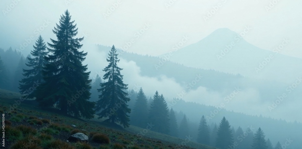 Fototapeta premium Fog-shrouded fir trees standing alone in a mystical landscape, landscape, trees, mysticism